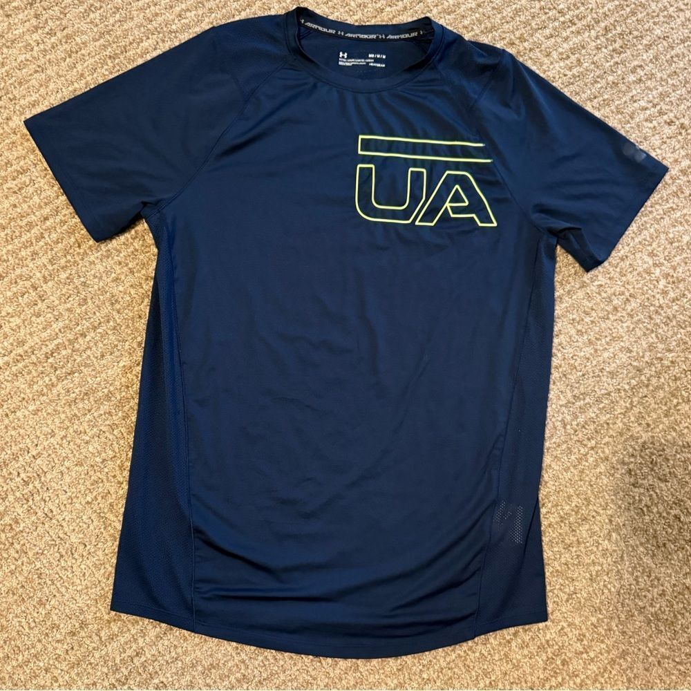 Under Armour M Navy Short Sleeve UA Logo HeatGear Performance Tee w Lime Accent
